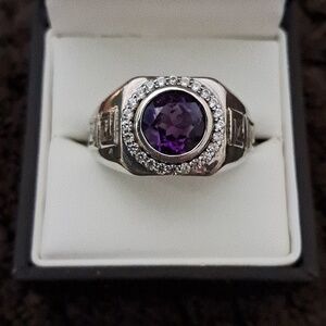 Amethyst & White Zircon Men's Ring Platinum Over Sterling Silver